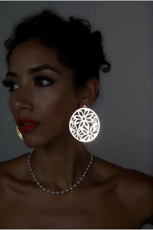 Reflective Floral Laser Cut Drop Earrings Silver Oversized Disc