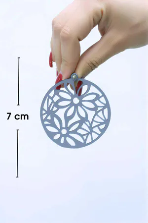 Reflective Floral Laser Cut Drop Earrings Silver Oversized Disc