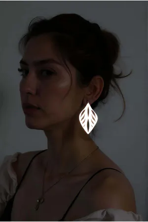 Reflective Leaf Drop Earrings White Laser Cut Glowing