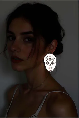 Beyaz Reflektörlü Lazer Kesim Kurukafa Küpe Dekoratif Çiçek Desenli
