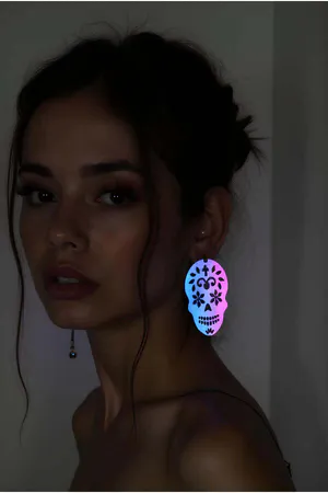 Glow Skull Laser Cut Drop Earrings Green-Blue Luminous Acrylic Day of the Dead Style