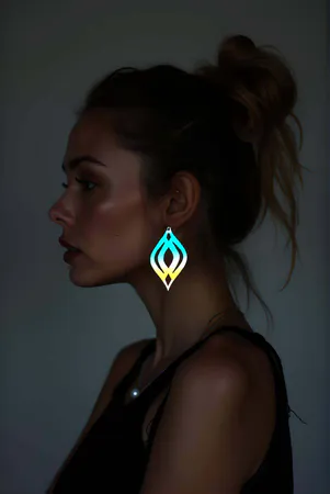 Reflective Laser Cut Drop Earrings Gradient Motif Woman Side Profile