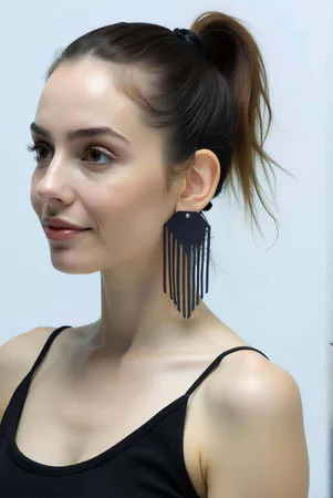 Black Faux Leather Tassel Earrings Laser-Cut Statement Style on Model