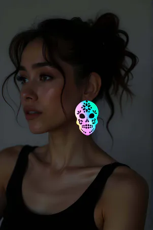 Reflective Sugar Skull Drop Earrings Iridescent Floral Cutouts