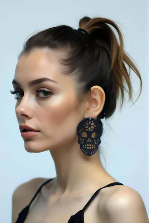 Black Laser Cut Sugar Skull Earrings with ornate floral details worn by a model