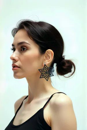 Black Abstract Star Earrings with Geometric Cut-Outs on a model, side profile