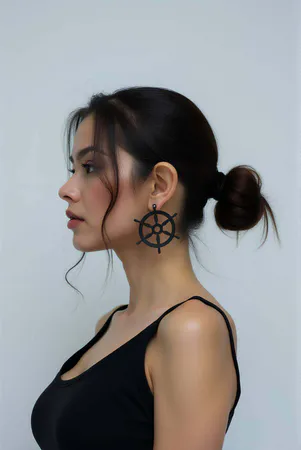 Black Faux Leather Ship Wheel Earrings Laser Cut Design