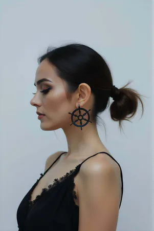 Black Faux Leather Ship Wheel Earrings Laser Cut Design
