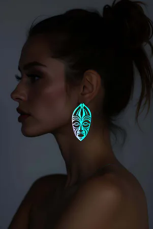 Reflective Ethnic Mask Drop Earrings Teal Purple Glow