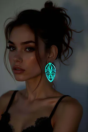 Reflective Ethnic Mask Drop Earrings Teal Purple Glow