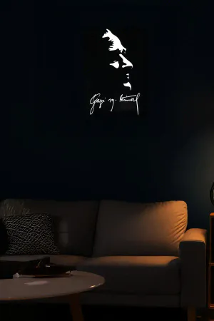 Reflective Ataturk Profile Wall Art with Signature on black faux leather, illuminating in dark setting