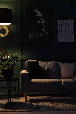 Reflective Ataturk Profile Wall Art with Signature on black faux leather, illuminating in dark setting