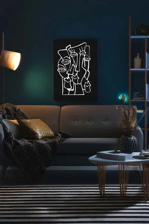 Abstract Faces Reflective Wall Art White on Black Faux Leather Modern Art