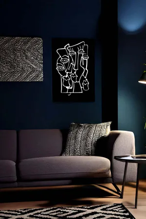 Abstract Faces Reflective Wall Art White on Black Faux Leather Modern Art