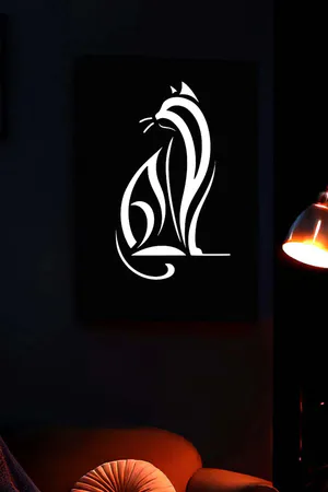 Reflektörlü Kedi Silüeti Siyah Zeminli Modern Dekoratif Tablo