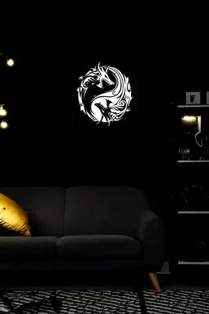 Reflektörlü Yin Yang Ejderha Duvar Tablosu, siyah suni deri üzerine beyaz ejderha figürleri