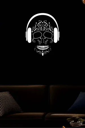 Reflective Sugar Skull Wall Art with Headphones on black background