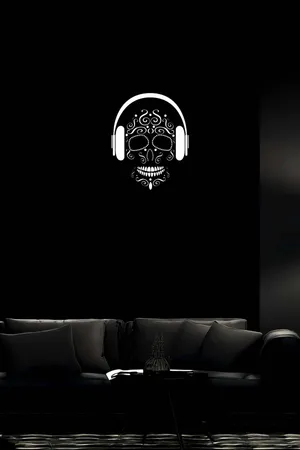 Reflective Sugar Skull Wall Art with Headphones on black background
