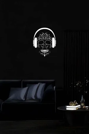 Reflective Sugar Skull Wall Art with Headphones on black background