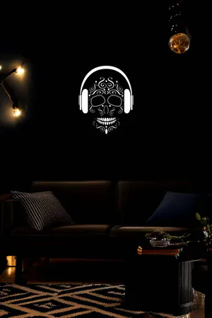 Reflective Sugar Skull Wall Art with Headphones on black background