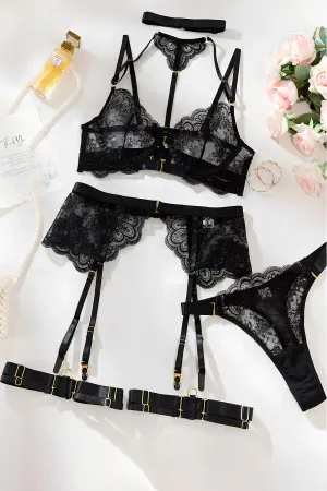 Black Lace Harness Bra Set with Rose Gold Hardware Garter