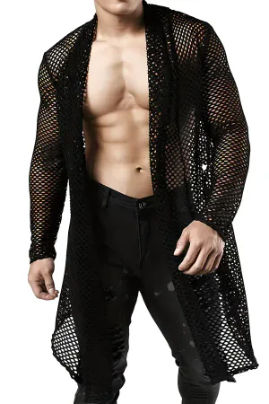 Black Long Mesh Cardigan Top Open Front with Long Sleeves