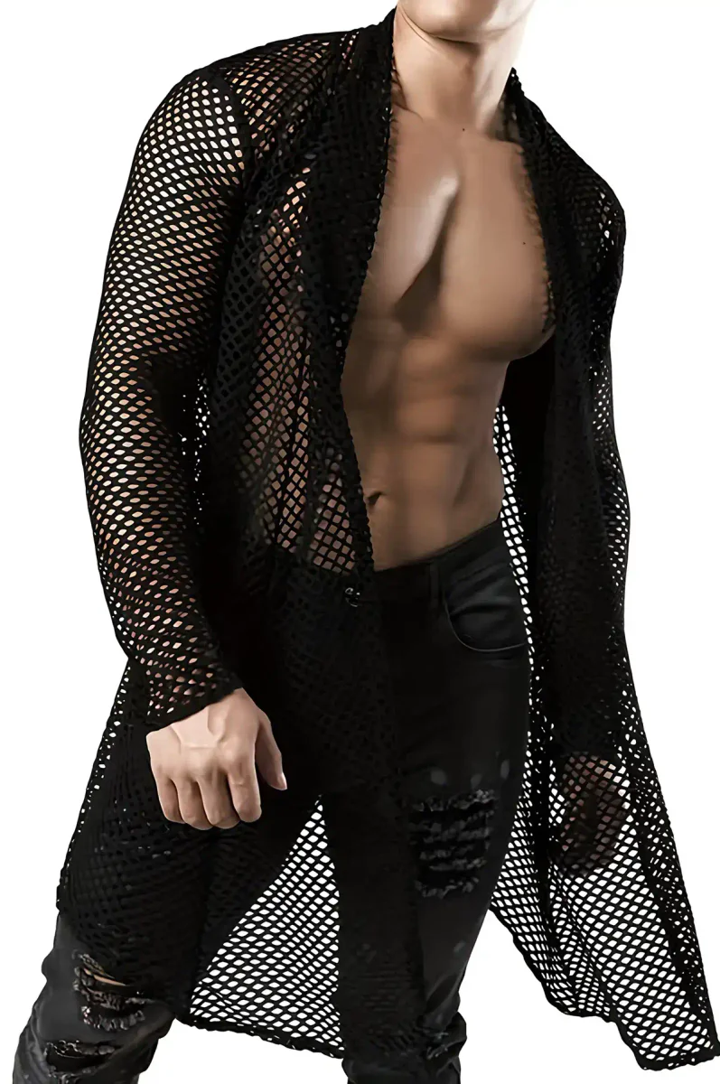 Mens Clubwear Top Black Mesh Cardigan Front Open Styling