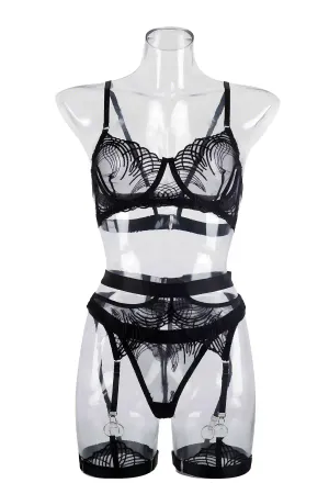 Black Lace Garter Harness Set Women Open Cup Bra Detail