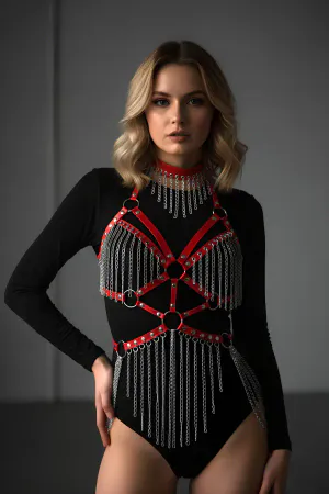Red faux leather full body harness with silver chain fringe and choker