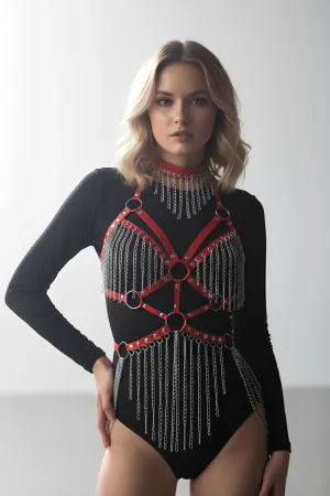 Red faux leather full body harness with silver chain fringe and choker