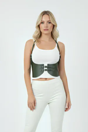 Haki renk vegan deri vücut harness kemeri, ayarlanabilir tokalarla
