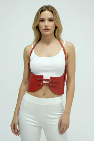 Kırmızı suni deri kadın vücut harness korse, ayarlanabilir tokalar