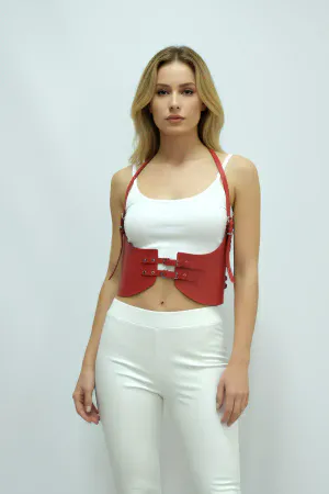 Kırmızı suni deri kadın vücut harness korse, ayarlanabilir tokalar