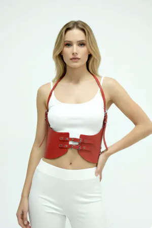 Kırmızı suni deri kadın vücut harness korse, ayarlanabilir tokalar