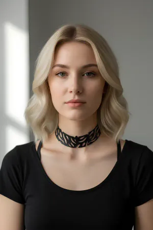 Black faux leather laser cut leaf choker necklace on model