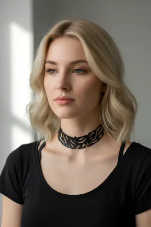 Black faux leather laser cut leaf choker necklace on model