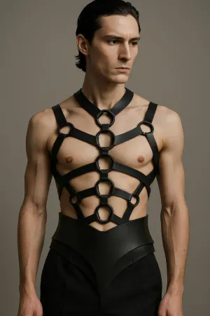 Black faux leather strappy O-ring cage body harness