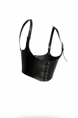 Black Faux Leather Corset Body Harness with Lace-Up Front and Adjustable Shoulder Straps