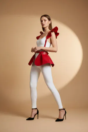 Kırmızı Faux Deri Peplum Vücut Aksesuarı Omuz ve Bel Detaylı