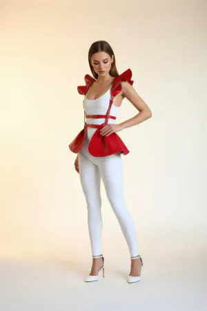 Kırmızı Faux Deri Peplum Vücut Aksesuarı Omuz ve Bel Detaylı