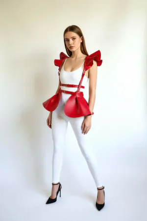 Kırmızı Faux Deri Peplum Vücut Aksesuarı Omuz ve Bel Detaylı