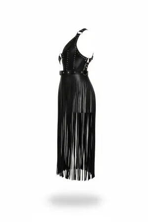 Black Faux Leather Studded Halter Fringe Dress Harness Side View
