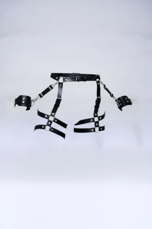 Black Faux Leather Waist Harness with Detachable Ankle Cuffs and Multiple Leg Straps