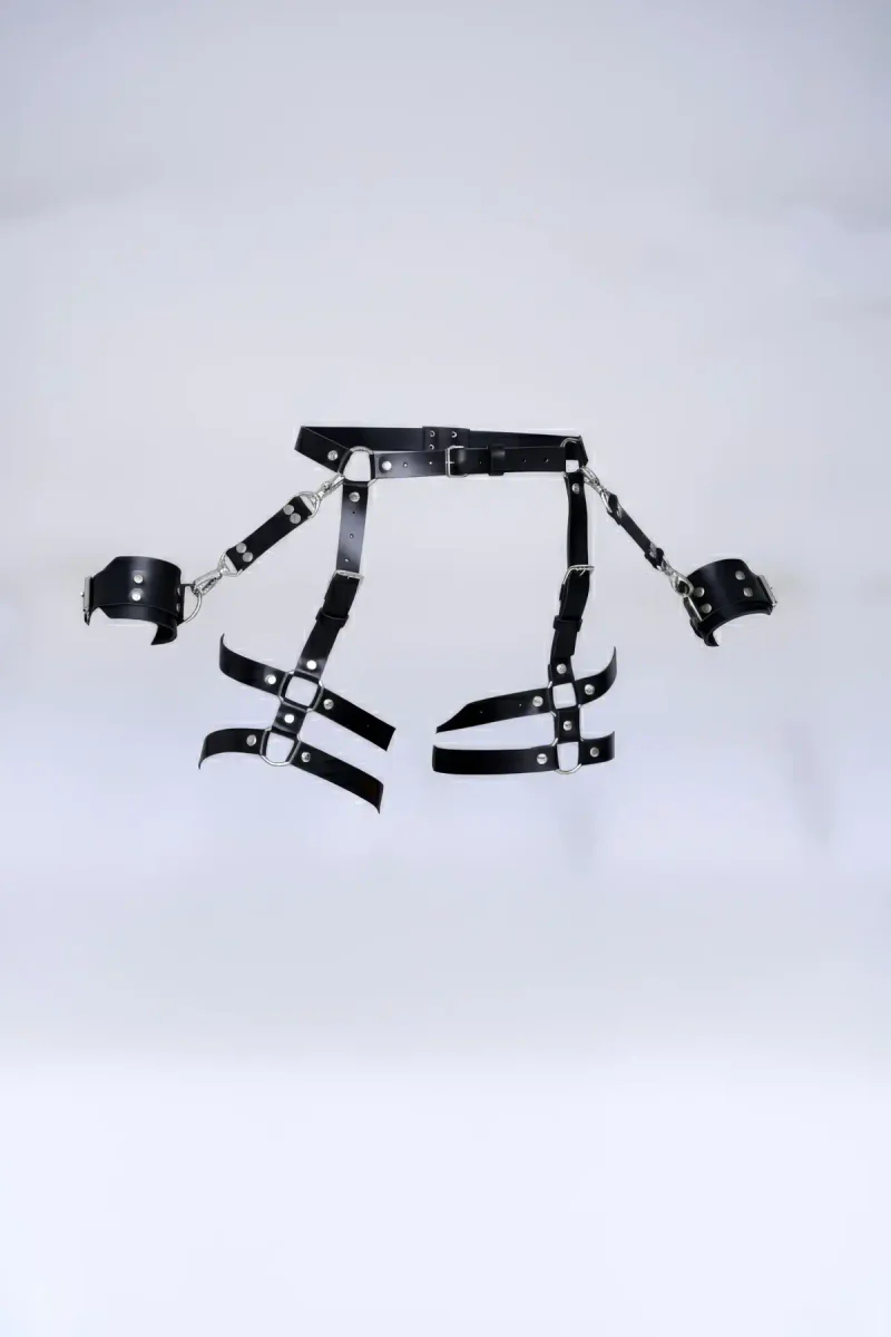 Black Faux Leather Waist Harness with Detachable Ankle Cuffs and Multiple Leg Straps