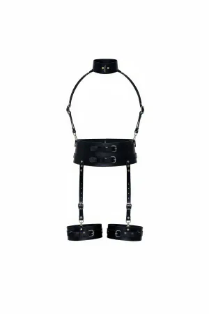 Black Faux Leather Full Body Harness Wide Waist Belt Collar Set
