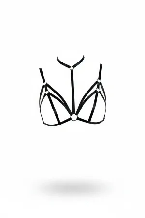Black Faux Leather Caged Chest Harness Choker Silver O-Rings