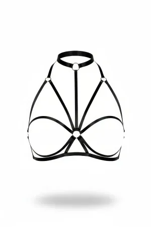 Siyah Mikrofiber Göğüs Harness Yüksek Yaka O-Ring Detaylı