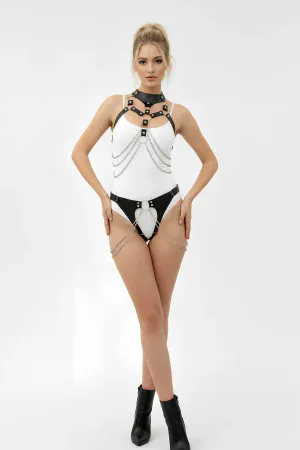 Black Faux Leather Body Harness with Silver Chains and Choker Garter
