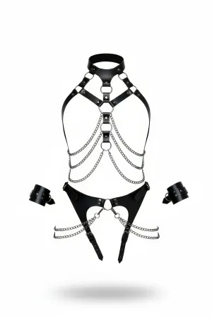 Black Faux Leather Full Body Harness Set with Draped Chains and Matching Cuffs