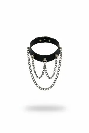 Black faux leather choker collar with three silver chain layers draping downwards